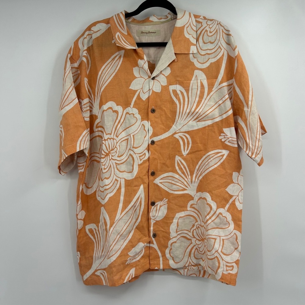 Tommy Bahama Mens XXL Orange White Floral 100% Linen Short Sleeve Camp Shirt